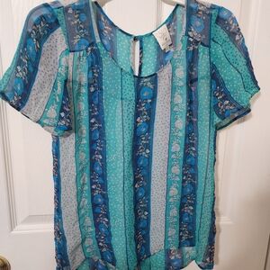 Ella Moss Teal and Blue Striped Floral Blouse Size XS